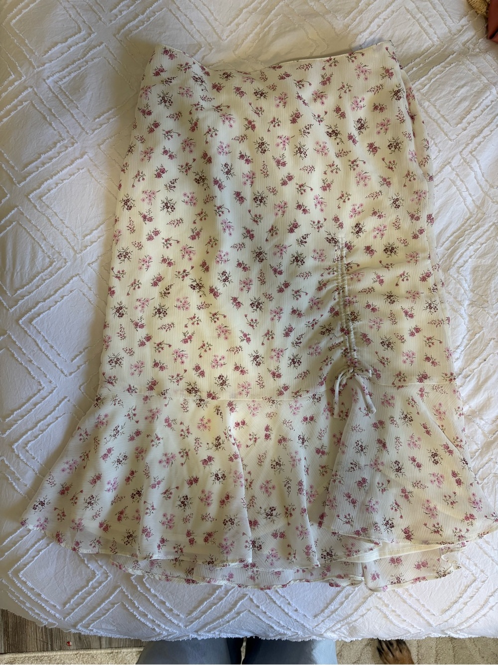 2/$40 Vintage Cream Midi Skirt with Pink Floral Print